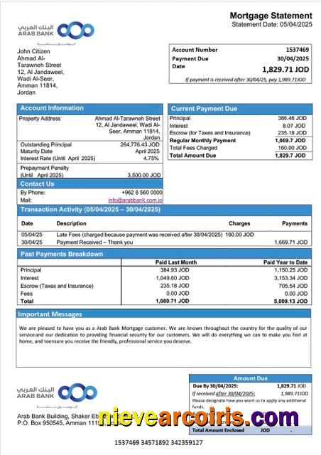 Jordan Arab Bank mortgage statement Word and PDF template